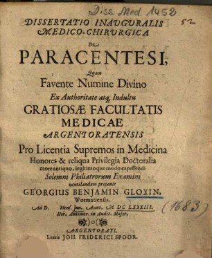 Dissertatio Inauguralis Medico-Chirurgica De Paracentesi