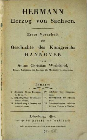 Hermann Herzog von Sachsen : Erste Vorarbeit zur Geschichte des Königreichs Hannover