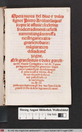 Opera nuoua del diuo [e] vnico signor Pietro Aretino: laqual scopre le astutie: scelerita: frode: tradimenti: assassinamenti: inga[n]ni: truffarie ... che vsano le Cortiggiane ...