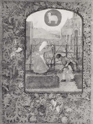 Horarium latinum (Stundenbuch), genannt Dresdner Gebetbuch : Monatsbild März, Illustration Umgraben, um 1500