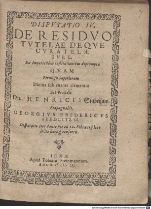 Disp. IV. de residuo tutelae deque curatelae iure, ex imperialibus Institutionibus deprompta