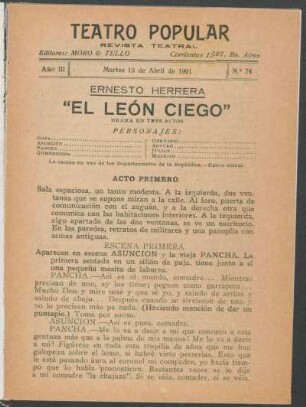 3.1921=Nr. 74: El león ciego : drama en tres actos
