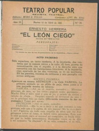 3.1921=Nr. 74: El león ciego : drama en tres actos
