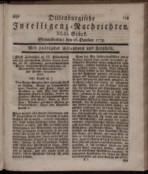 XLII. Stück. Sonnabends: den 16. October 1779.