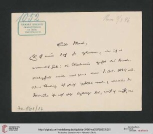 Briefwechsel Theodor Mommsen und Marie Mommsen geb. Reimer: Postkarte von Theodor Mommsen an Marie Mommsen
