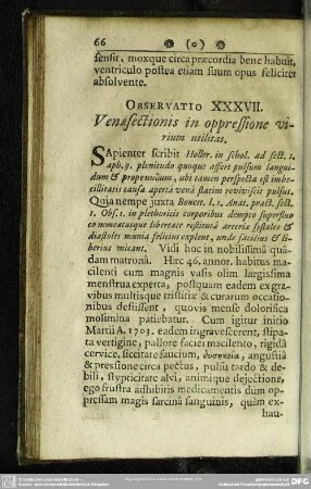 Observatio XXXVII. Venaesectionis in oppressione virium utilitas