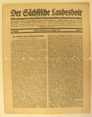 Mitteilungsblatt der DDP Sachsen zur politischen Lage im Freistaat Sachsen im August 1926