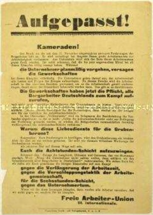 Aufruf der Freien Arbeiter-Union an Bergarbeiter zu einem deutschlandweiten Streik