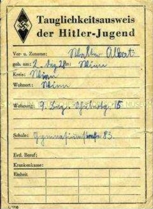 Tauglichkeitsausweis der Hitlerjugend für Walter Albert
