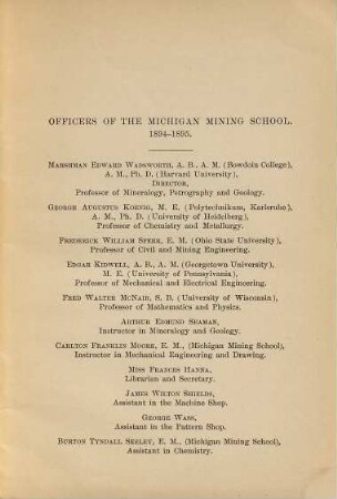Prospectus of Elective Studies : Michigan Mining School Houghton, Michigan. May, 1895