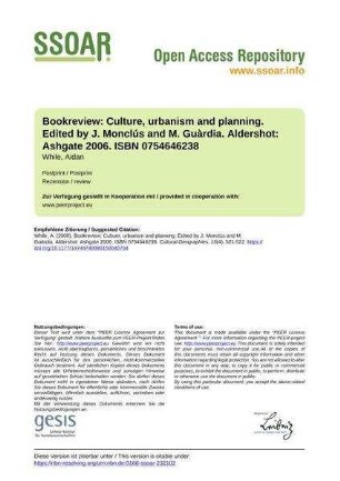 Bookreview: Culture, urbanism and planning. Edited by J. Monclús and M. Guàrdia. Aldershot: Ashgate 2006. ISBN 0754646238