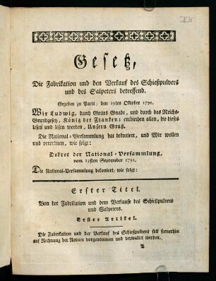 1-12, Gesetz, Die Fabrikation und den Verkauf des Schießpulvers und des Salpeters betreffend.