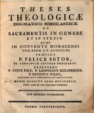 Theses theol. de sacramentis in genere et in specie