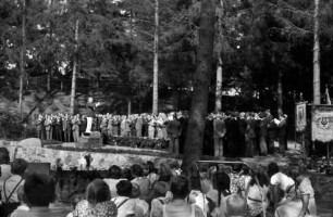 Sängerfest: Naturbühne im Bürgerpark: Männerchöre beim gemeinsamen Singen, mit Dirigent auf Podest: rechts Standarten des Männergesangvereins Berkenthin: im Vordergrund Zuhörer [Rückenansicht]