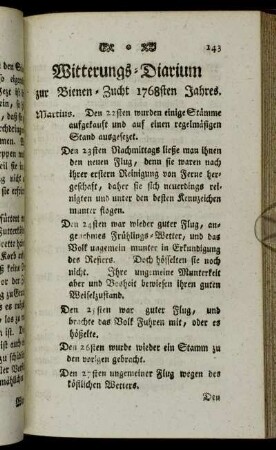 Witterungs-Diarium zur Bienen-Zucht 1768sten Jahres.