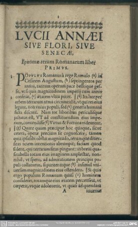 Lucii Annaei Sive Flori, Sive Senecae, Epitomae rerum Romanarum liber Primus