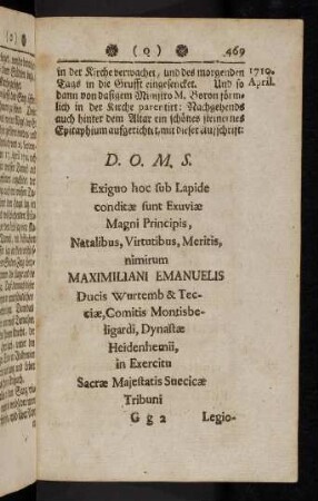 469-474, D.O.M.S. Exiguo hoc Sub Lapide...