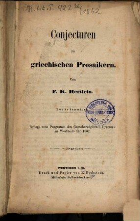Programm des Grossherzoglichen Lyceums in Wertheim : vom Schuljahre ..., 1862