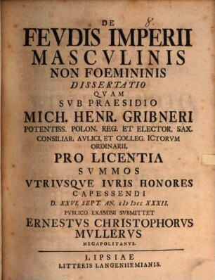 De feudis Imperii masculinis, non foemininis, dissertatio