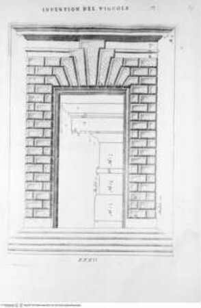 Regola de' Cinque Ordini d'Architettura (polygl.). Di M. Giacomo Barozzio da Vignola. Con la nuova aggionta di Michael-Angelo Buonaroti., Tafel XXXII (Folio 38): Portal