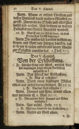Das V. Capitel. Von der Erschaffung. - Das VI. Capitel. Von der göttlichen Fürsehung.