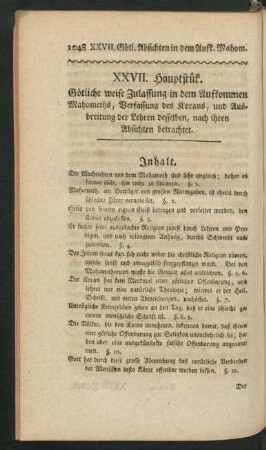 XXVII. Hauptstük. Götliche weise Zulassung indem Aufkommen Mahomeths, Verfassung des Korans, und ...