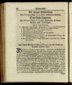 Das Erste Capittel. Von Wismarischen Civil oder Weltlichen Gesetzen, Rechten und Ordnungen.