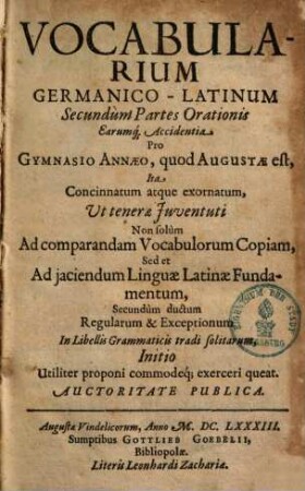 Vocabularium germanico-latinum : pro Gymnasio Annaeo, quod Augustae est