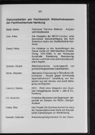 Diplomarbeiten am Fachbereich Bibliothekswesen der Fachhochschule Hamburg