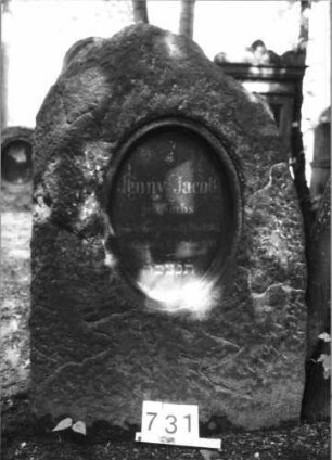 Grabstein 731 (Index: 99630233) Material: Granit mit geschliffener Platte Zustand: gut Maße HxBxT: 116x82x30 cm Beschreibung: grob stelenförmig behauener Stein mit ovaler Schriftplatte: Grabstein 731