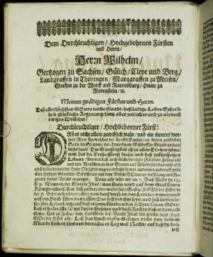 Dem Durchleuchtigen/ Hochgebohrnen Fürsten und Herrn/ Herrn Wilhelm/ Hertzogen zu Sachsen [...]