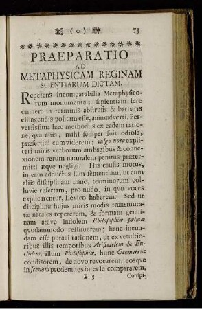 Praeparatio Ad Metaphysicam Reginam Scientiarum Dictam.