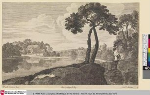 [Flusslandschaft mit Blick auf ein Kloster am anderen Ufer]