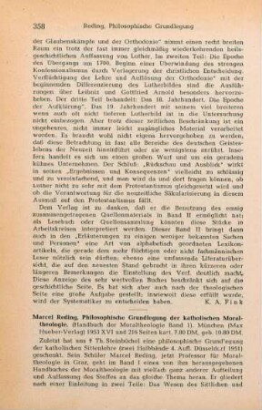 358-359 [Rezension] Reding, Marcel, Philosophische Grundlegung der katholischen Moraltheologie