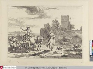 [Der Hirt mit dem Jungen treibt die Heerde vor sich; Mounted herd and boy driving flock on a road]