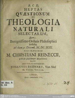 Heptas quaestionum ex theologia naturali selectarum