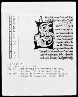 Kurzfassung des Decretum Gratiani — Initiale G(ententia excommunicationis), Folio 33verso