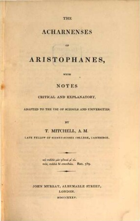 The Acharnenses of Aristophanes