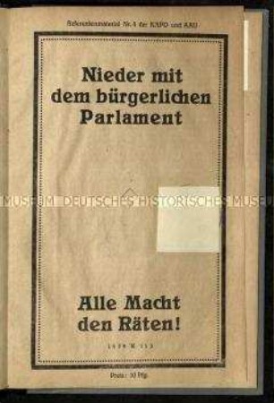 Propagandaschrift mit einer Gegenüberstellung des Parlamentarismus und des Rätesystems