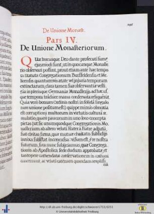 Pars Quarta. De unione monasteriorum.