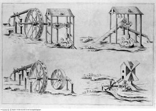 Athanasii Kircheri Latium, ..., Falttafel vor Seite 259: Schöpfräder, die für die Trockenlegung der Pontinischen Sümpfe dienten