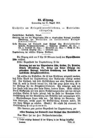 85. Sitzung. Donnerstag den 21. August 1919