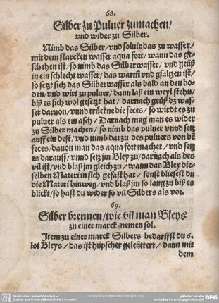 68. Silber zu Pulver zumachen/und wider zu Silber.