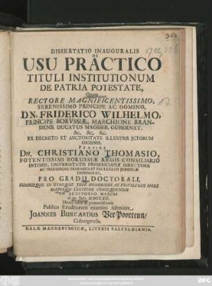 Dissertatio Inauguralis De Usu Practico Tituli Institutionum De Patria Potestate