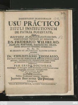 Dissertatio Inauguralis De Usu Practico Tituli Institutionum De Patria Potestate