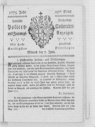 23tes Stück, Ausgabe vom 7. Junii 1775