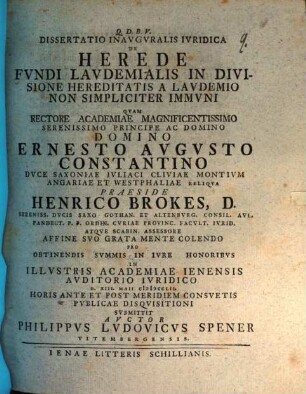 Diss. inaug. iur. de herede fundi laudemialis in divisione hereditatis a laudemio non simpliciter immuni