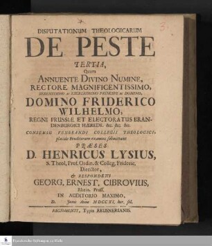 Disputationum Theologicarum De Peste Tertia