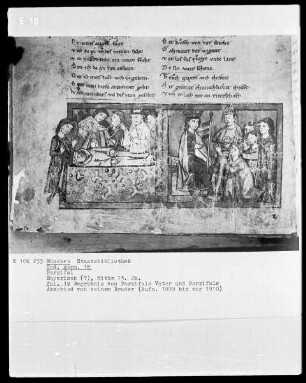 Parzifal — Buchseite mit zwei Miniaturen, Folio 1verso