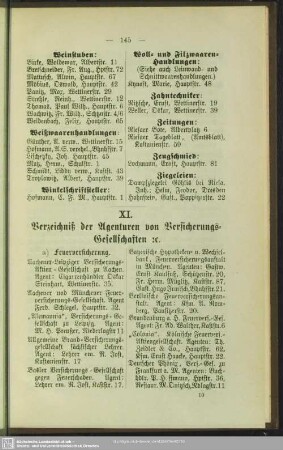 XI. Verzeichniß der Agenturen von Versicherungs-Gesellschaften etc.